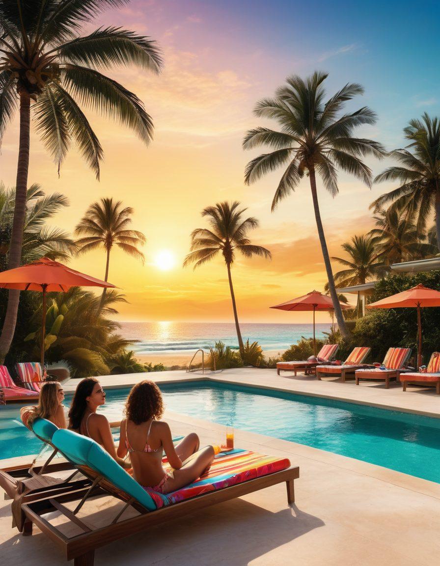 A vibrant summer scene featuring a stylish poolside with colorful lounge chairs, palm trees, and a luxurious infinity pool. Showcase a diverse group of people wearing trendy swimwear, laughing and enjoying drinks, with beach towels and sun hats scattered around. In the background, a picturesque beach with golden sands and turquoise waves, accentuated by a radiant sunset sky. The atmosphere should exude fun and relaxation, inviting readers to explore swimwear fashion. colorful illustration. vibrant colors. tropical vibe.